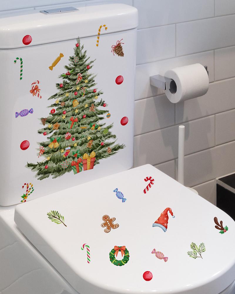

1 Sheet Christmas Tree Candy Cane Hat Wreath Toilet Lip Tank Stickers Bathroom Decorations, Multicolor