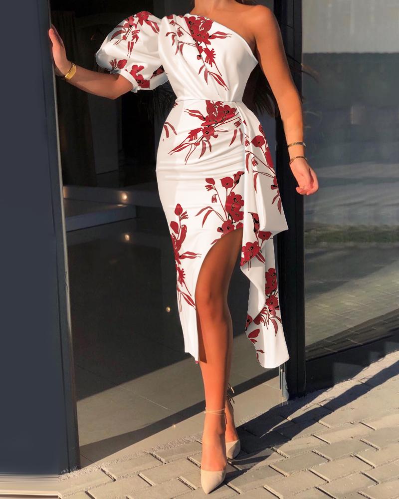 

Floral Print One Shoulder Puff Sleeve Split Thigh Bodycon Dress, White