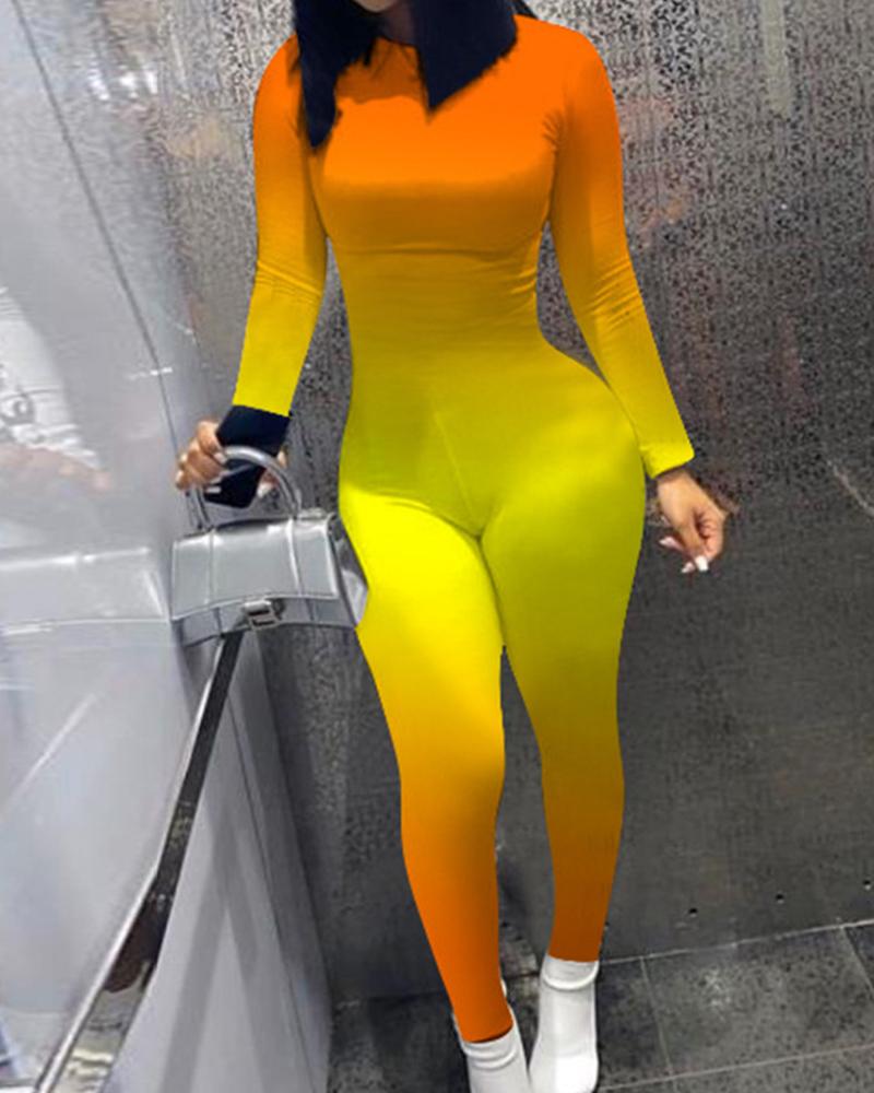 

Gradient Colorblock Long Sleeve Skinny Jumpsuit, Orange