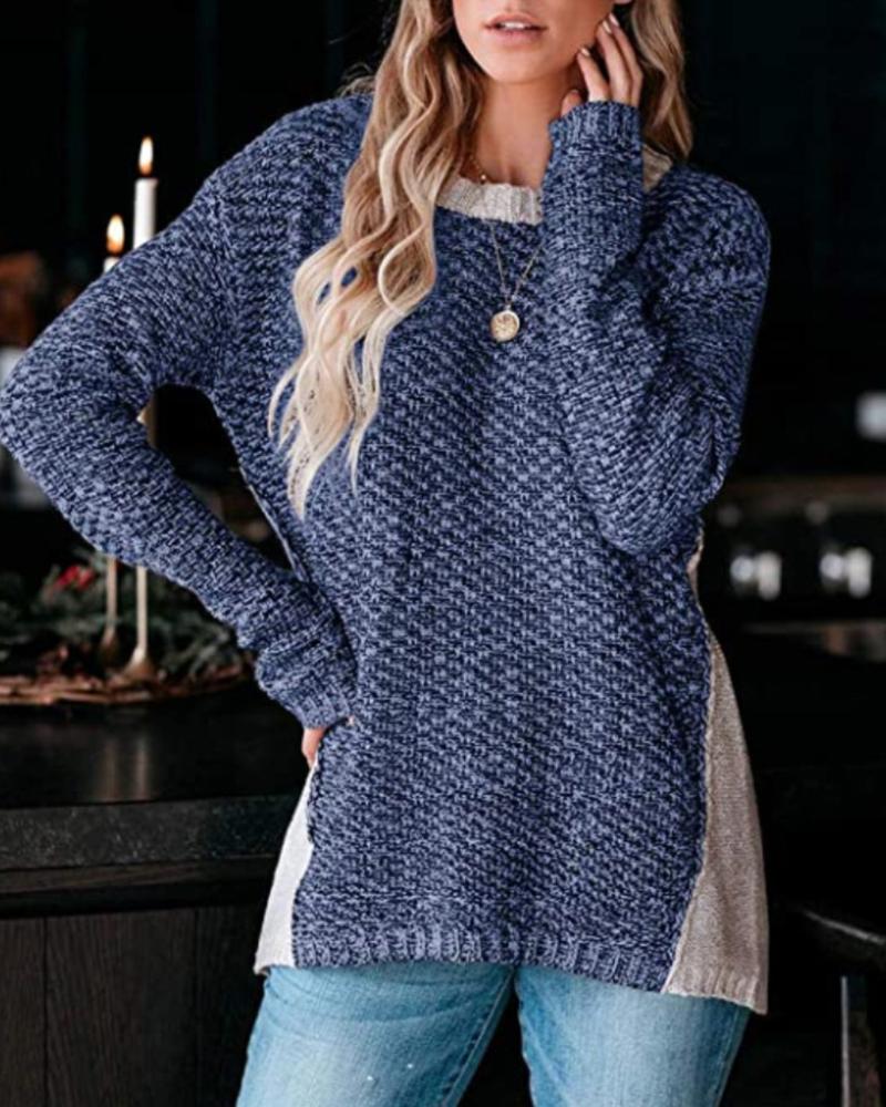 

Colorblock Long Sleeve Knit Casual Sweater, Dark blue
