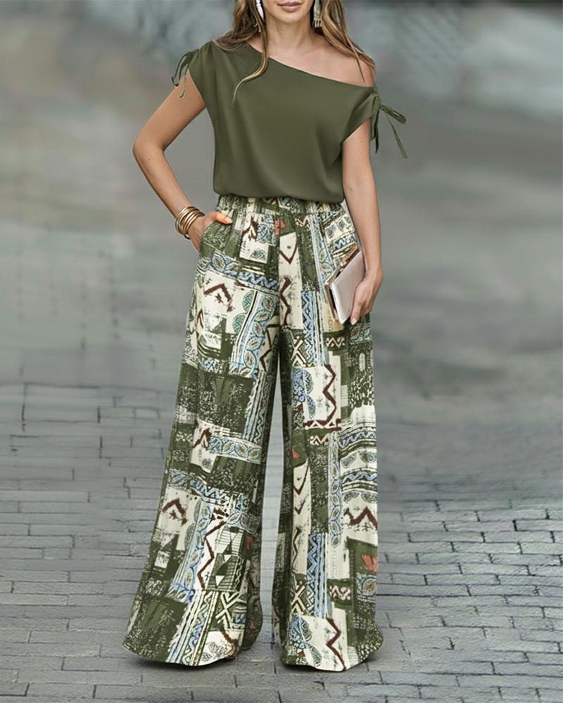 

2 Piece Outfit Drawstring Cold Shoulder Top and Floral Print Wide Leg Pants Set, Army green
