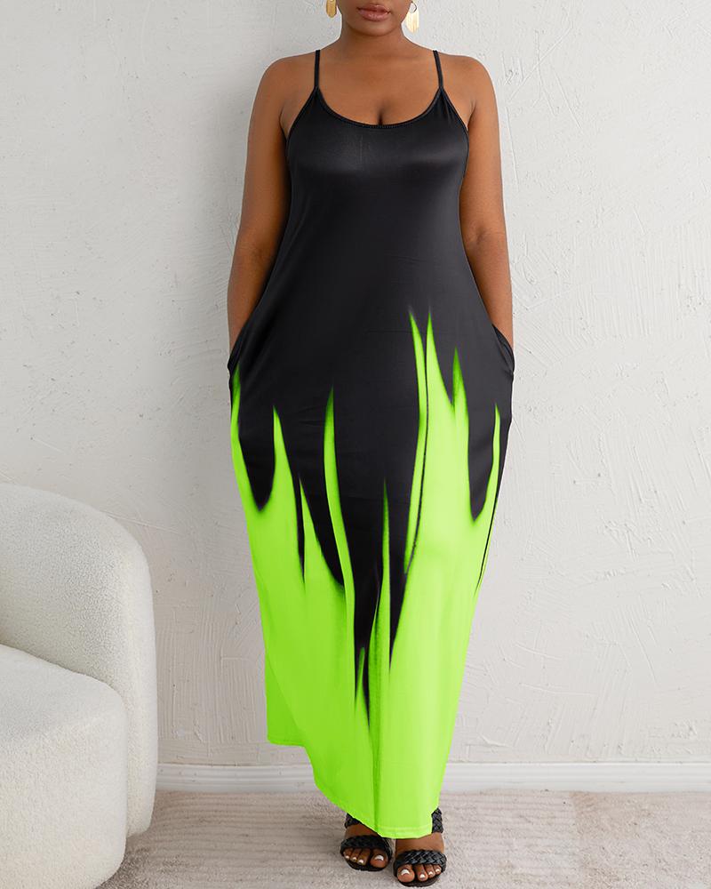 

Abstract Print Colorblock Pocket Design Maxi Dress, Neon