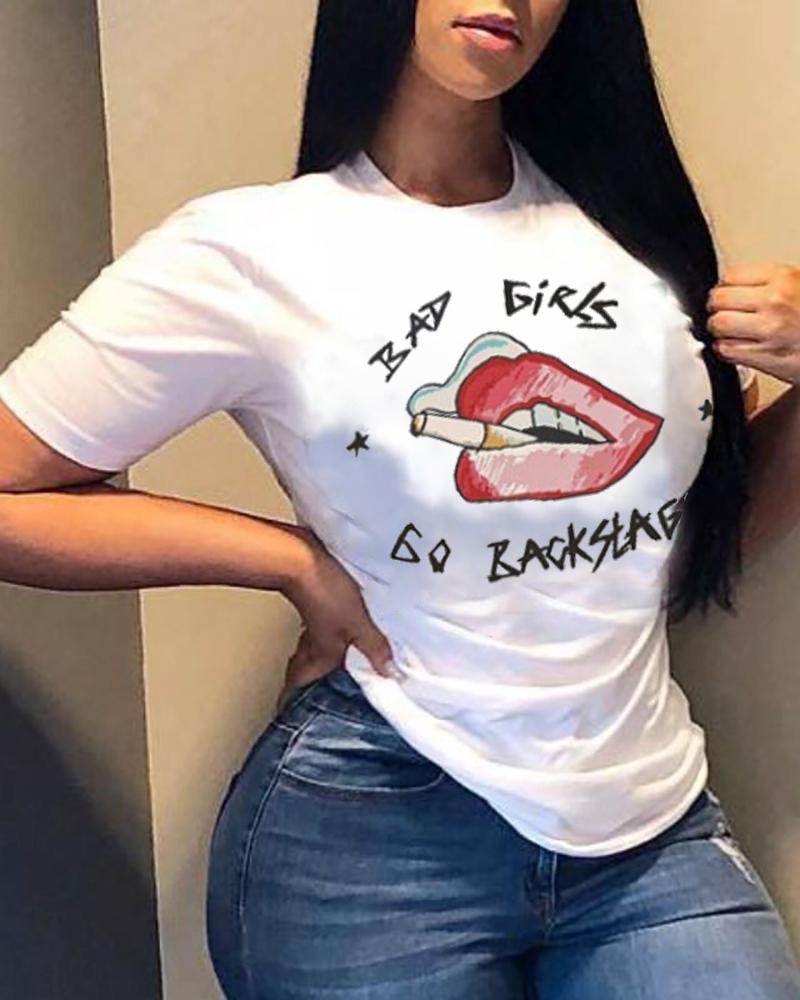 

Graphic Lip Print Short Sleeve Casual T-shirt, Style5