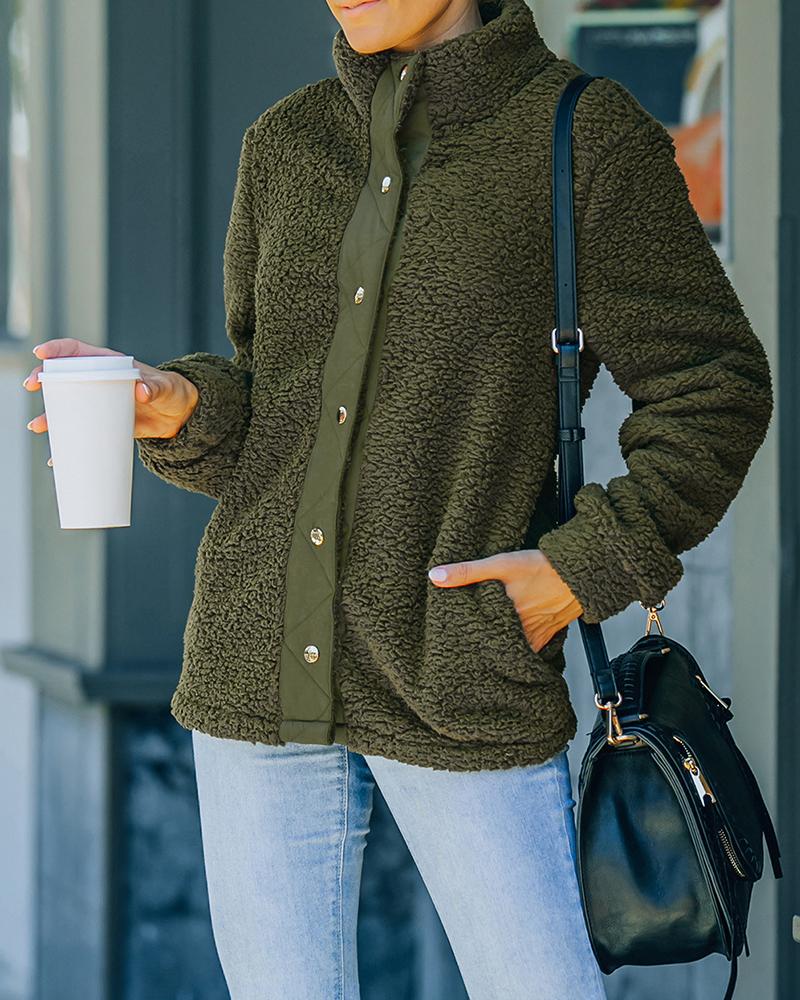 

Pocket Design Buttoned Long Sleeve Teddy Coat, Army green