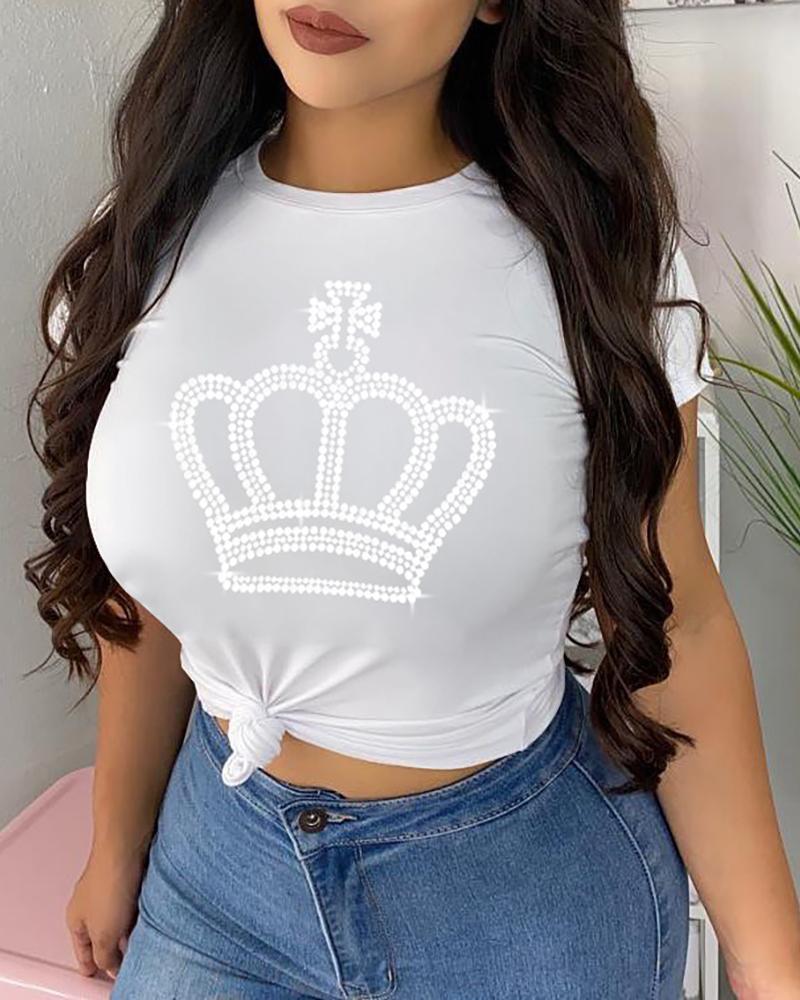 

Short Sleeve Rhinestone Crown Pattern T-shirt, White