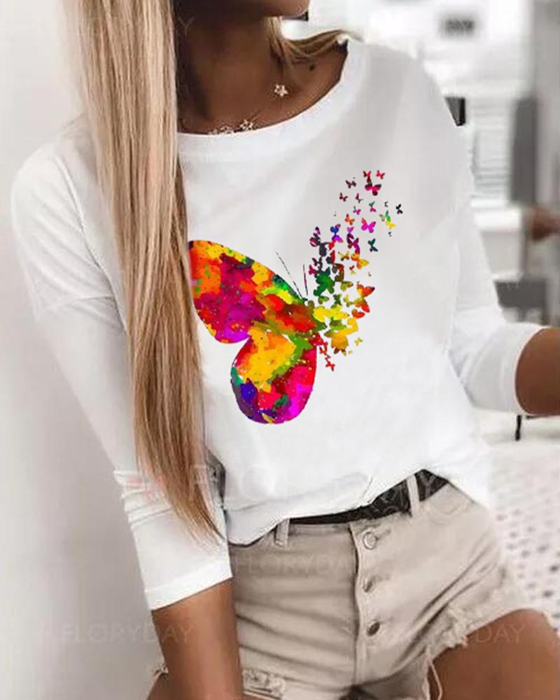 

Butterfly Print Round Neck Long Sleeve T-shirt, White