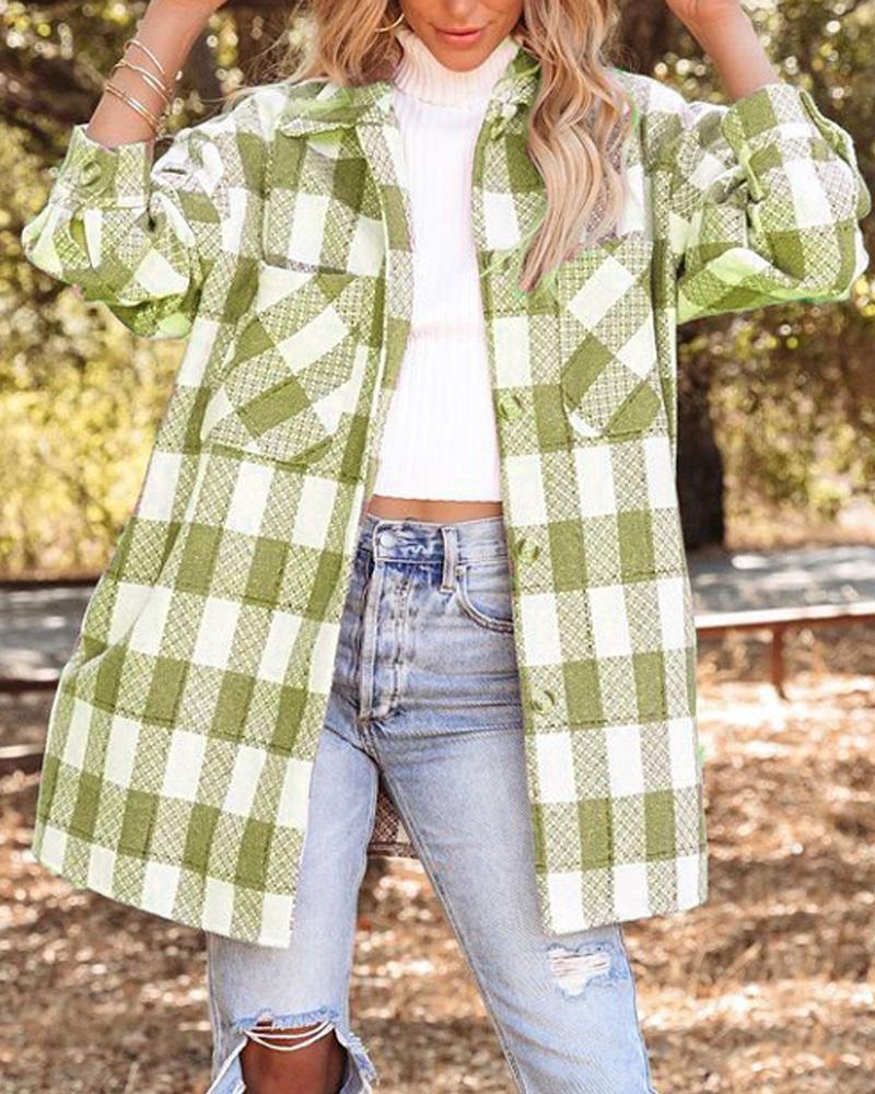 

Plaid Print Long Sleeve Button Down Shacket, Green