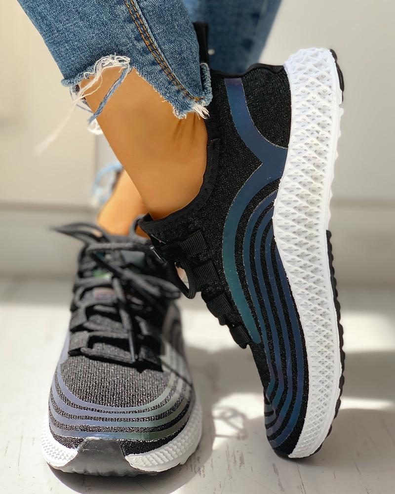 

Striped Lace-Up Muffin Casual Sneakers, Black