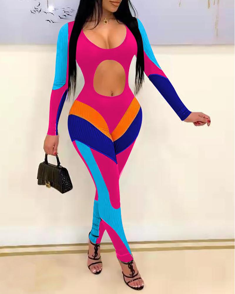

Colorblock Cutout Front Long Sleeve Jumpsuit, Hot pink