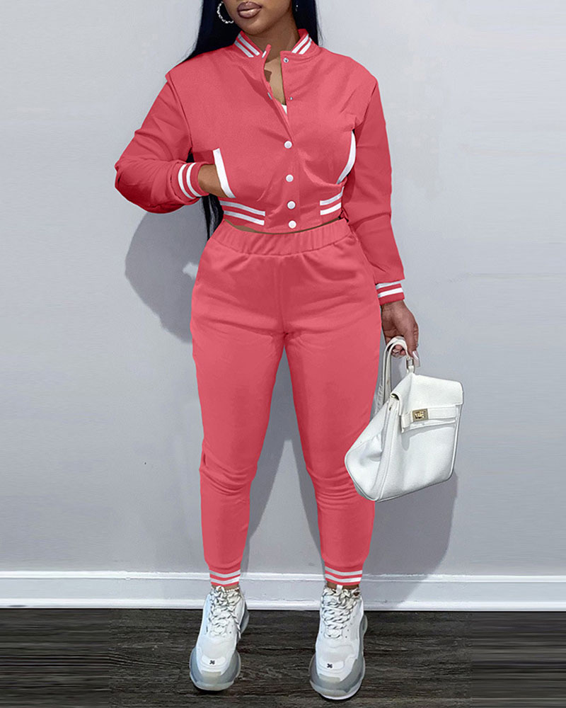 

Striped Trim Button Front Bomber Jacket & Pants Set, Pink