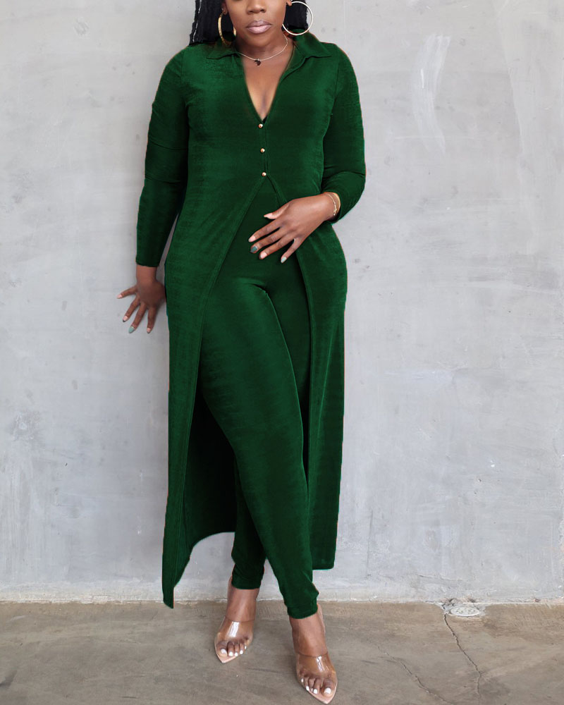 

Velvet Button Front Longline Cardigan & Pants Set, Green
