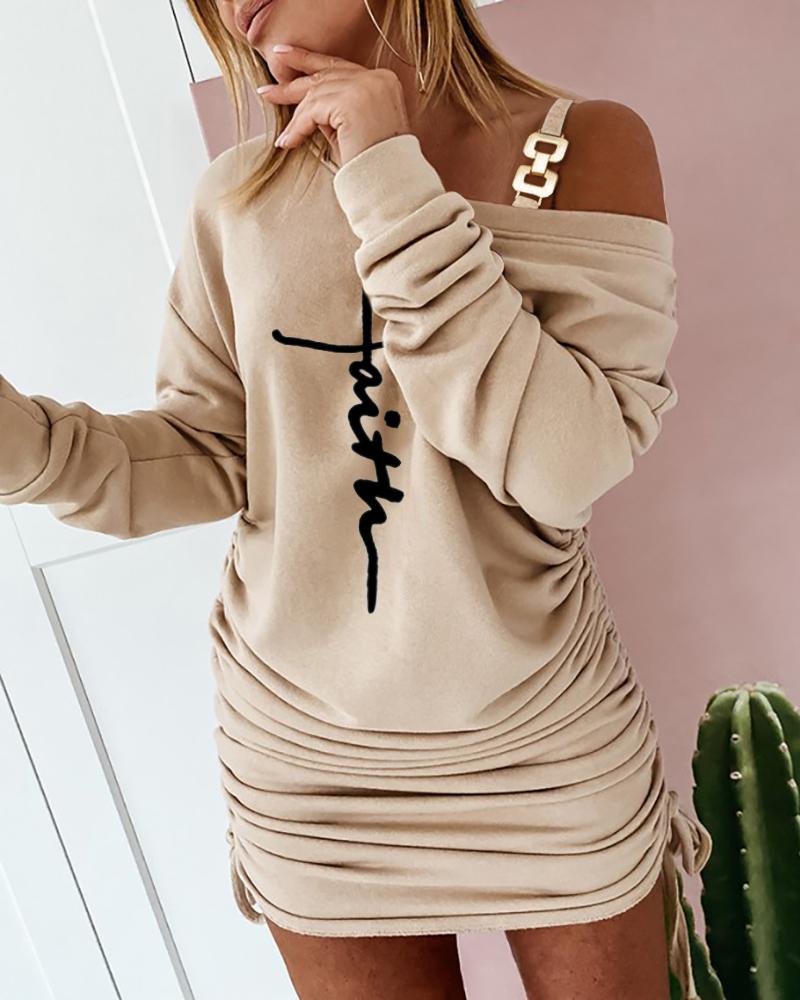 

Letter Print Cold Shoulder Drawstring Long Sleeve Dress, Apricot