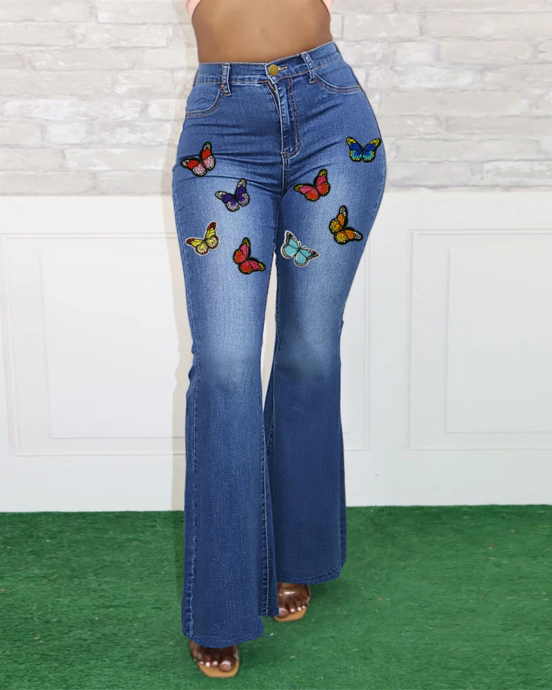 

Plus Size Butterfly Patch Zipper Fly Flare Leg Jeans, Blue
