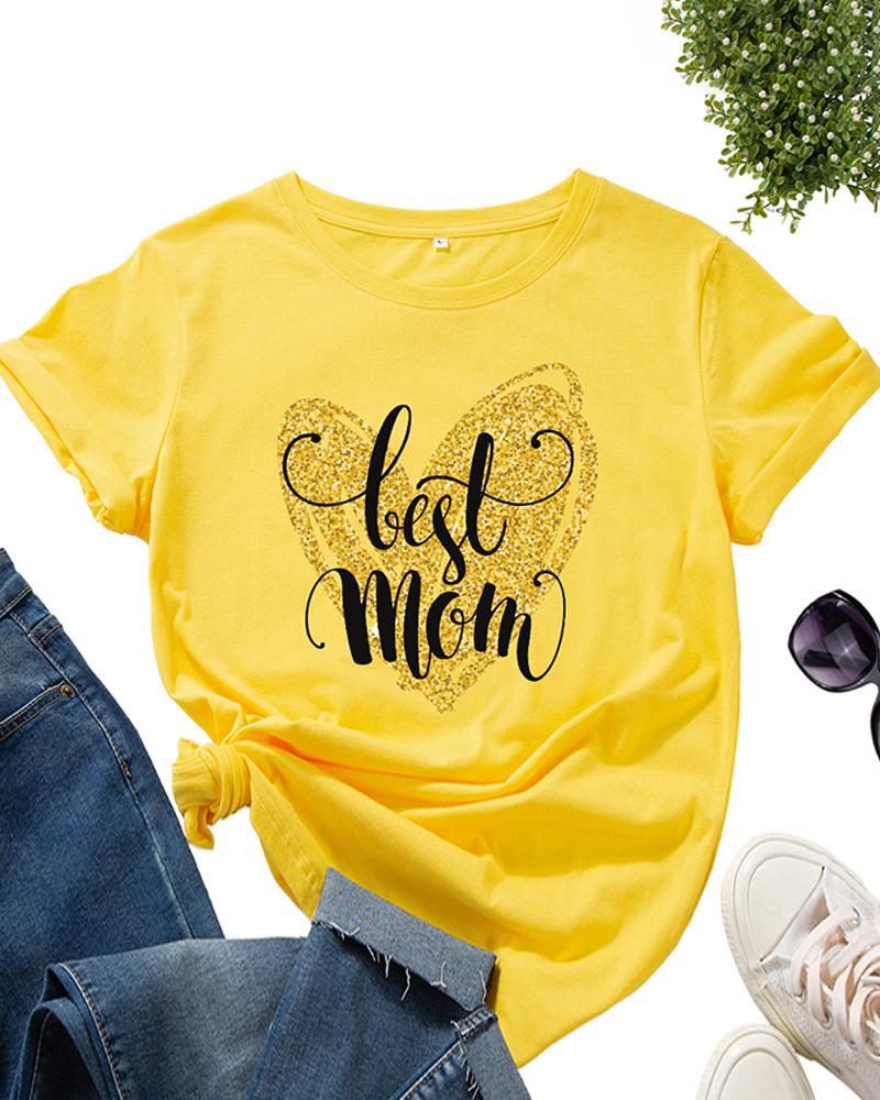 

Mother's Day Gift Short Sleeve Letter Print T-shirt, Yellow