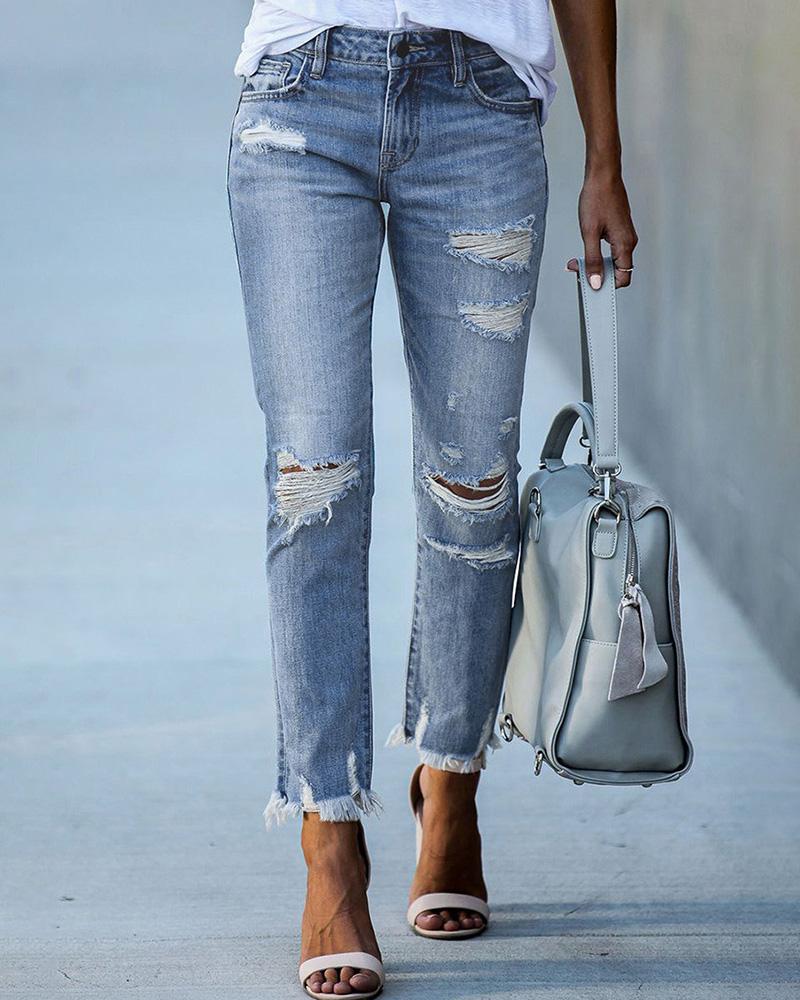 

Fringe Hem High Waist Ripped Jeans, Lighted blue