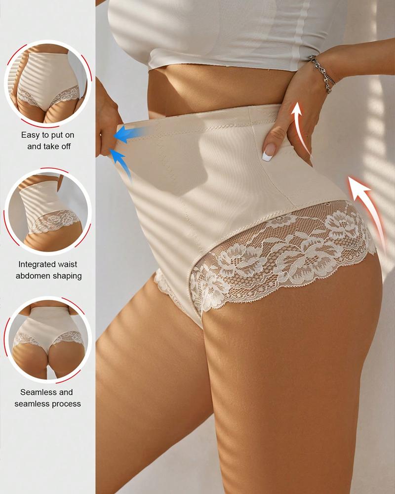 

Culotte gainante taille haute en dentelle contrastée pour contrôle du ventre, Nude