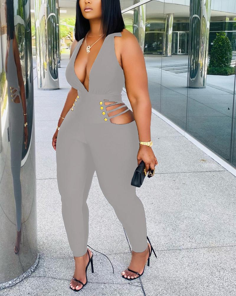 

Plunging Halter Backless Cutout Skinny Jumpsuit, Gray