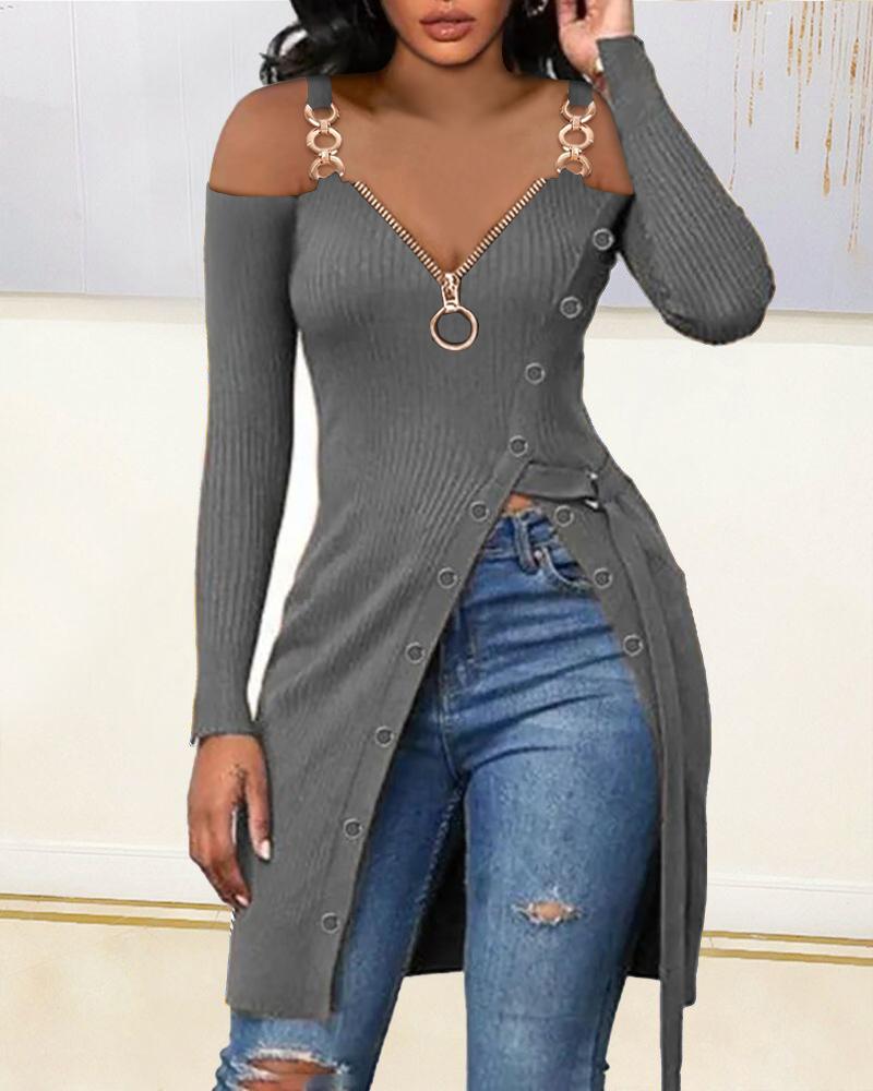 

Cold Shoulder Chain Strap High Split Zip Front Top, Gray