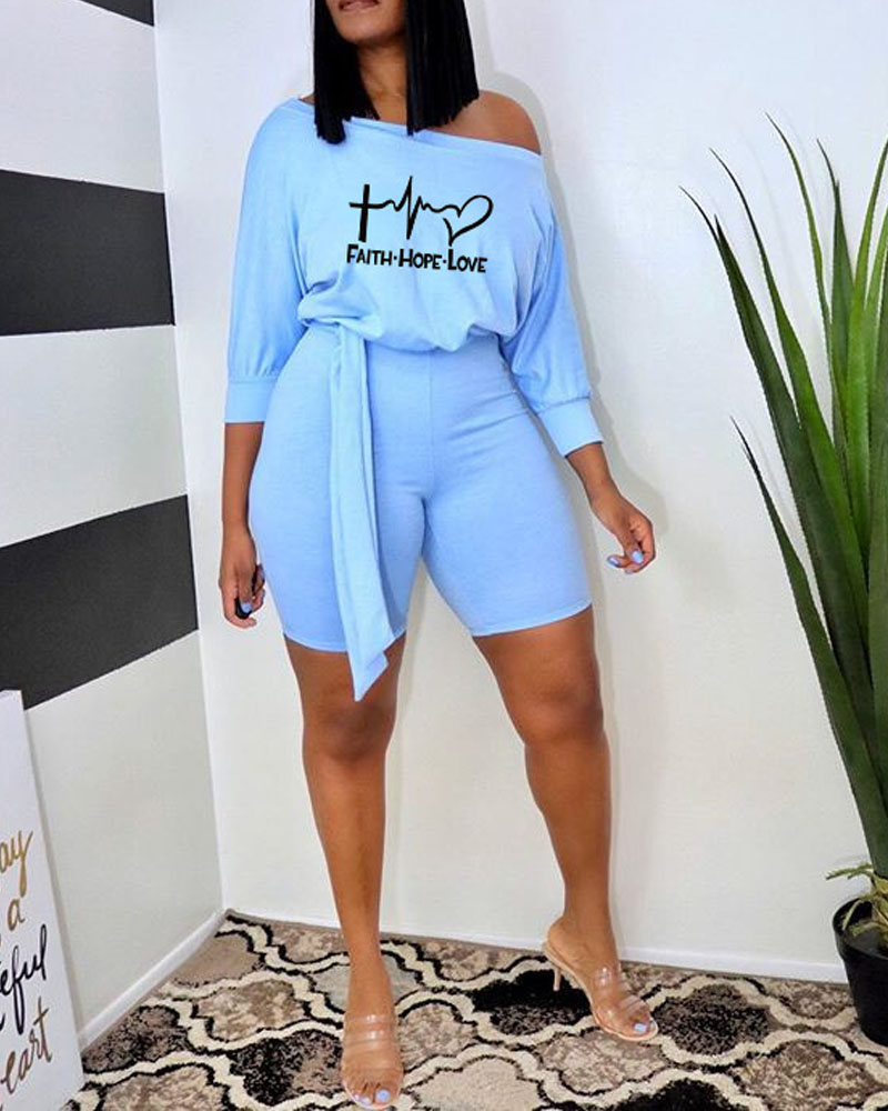 

Letter Heart Print Casual Romper With Belt, Blue