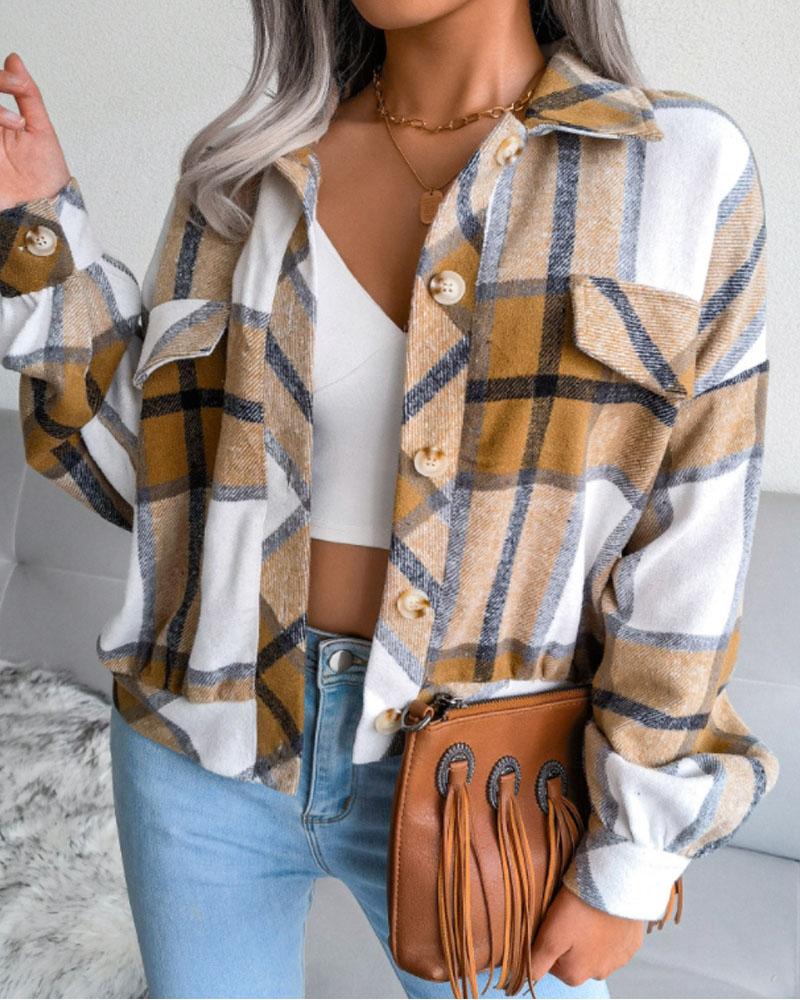 

Plaid Print Lantern Sleeve Button Front Shacket, Khaki