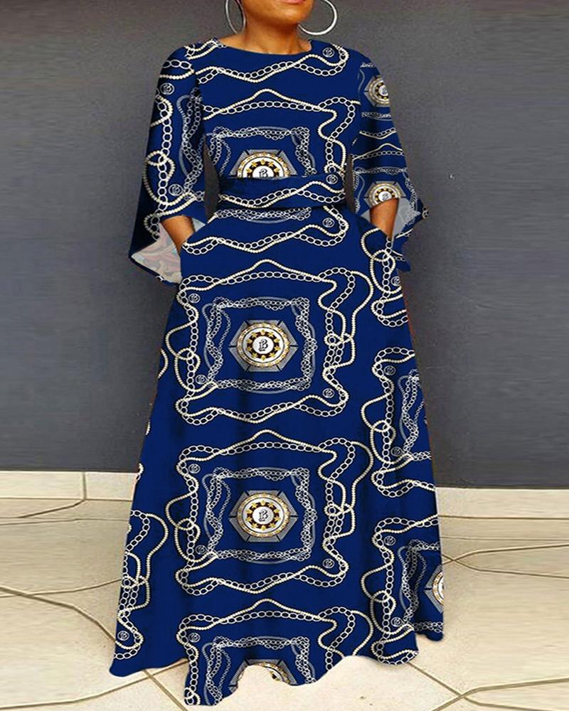 

Plus Size Chain Print Bell Sleeve Maxi Dress, Purplish blue