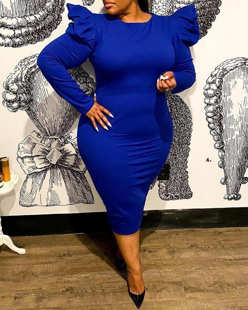 

Plus Size Puff Sleeve Skinny O Neck Dress, Blue