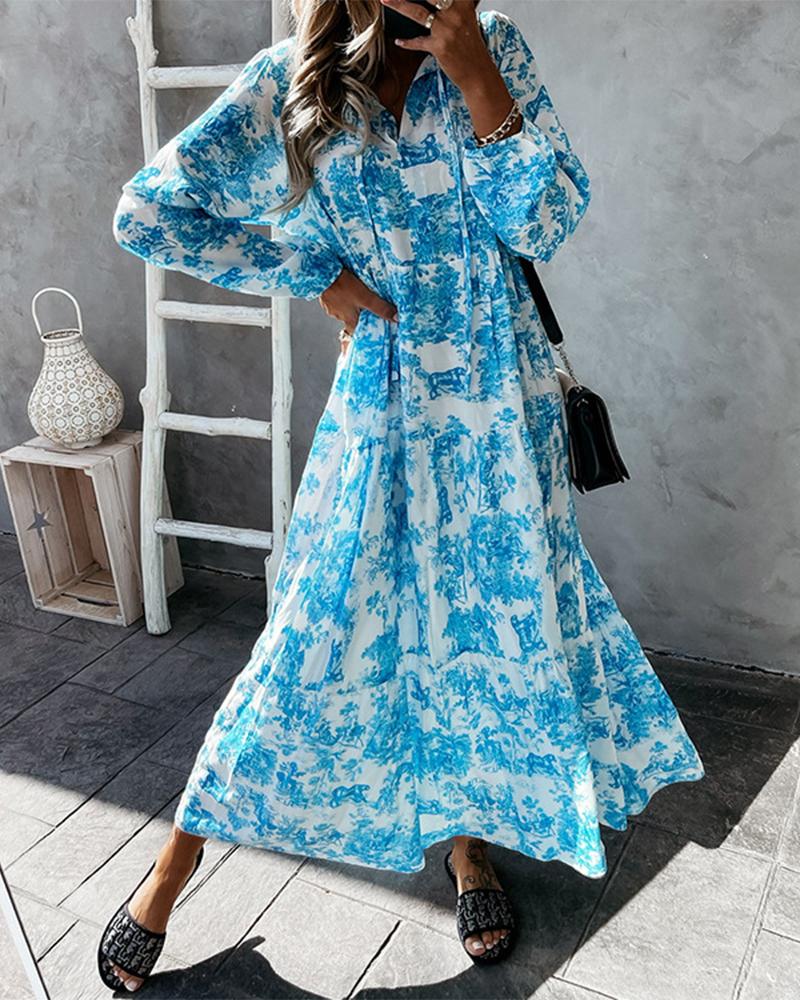 

All Over Print Lantern Sleeve Maxi Dress, Blue