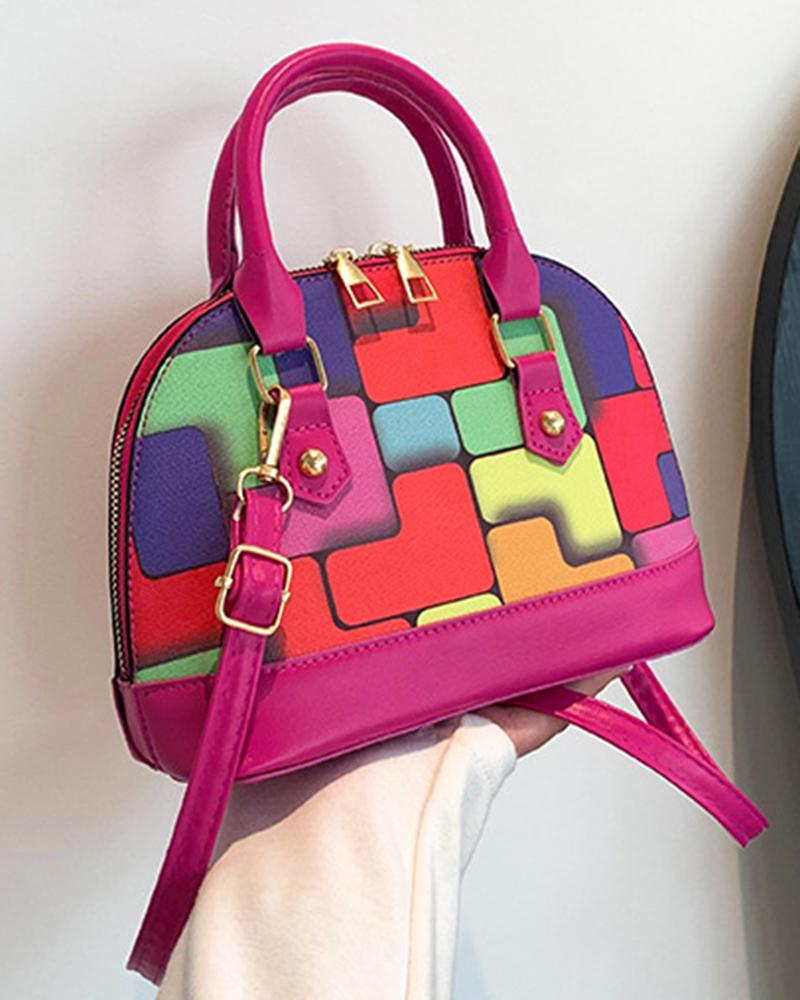 

Geometric Print Colorblock Top Handle Satchel Bag, Hot pink
