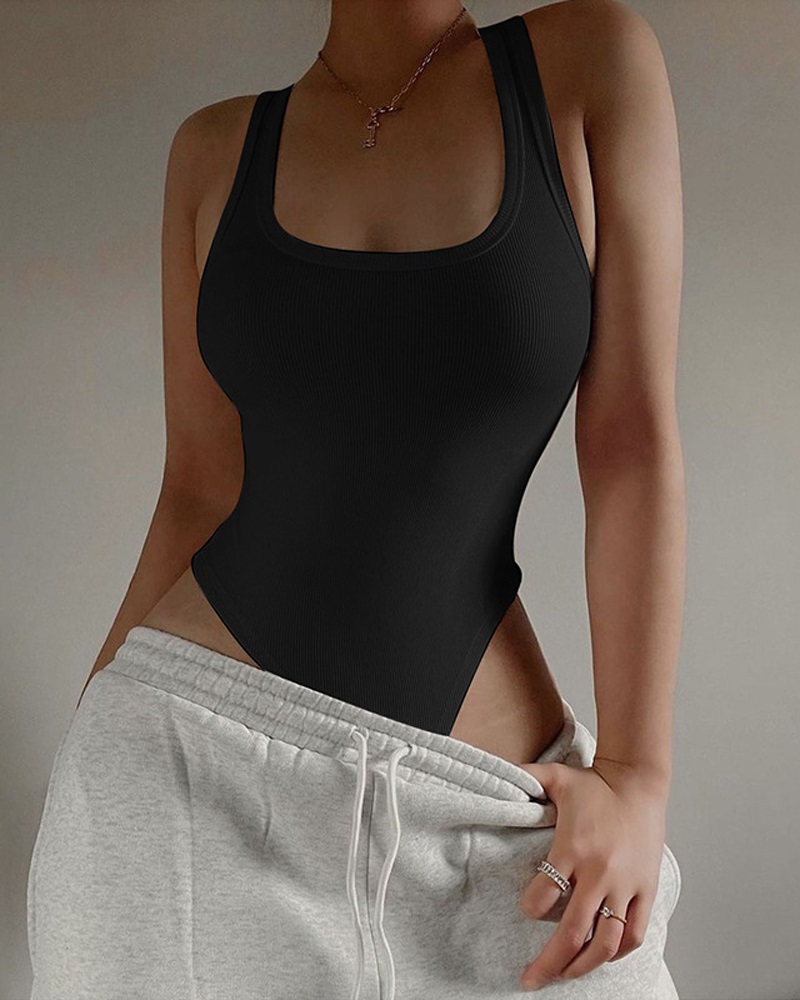 

Plain U-Neck Sleeveless Skinny Bodysuit, Black