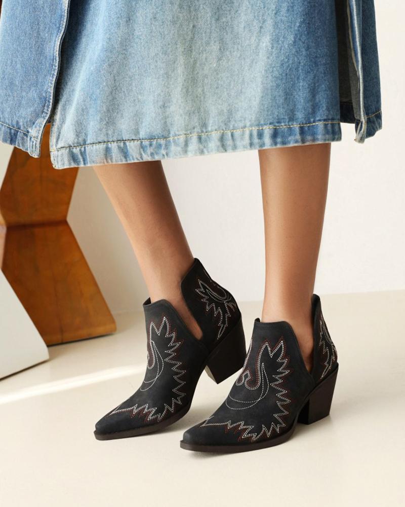 

Womens Vintage Square Toe Suede Finish Embroidery Western Booties, Black