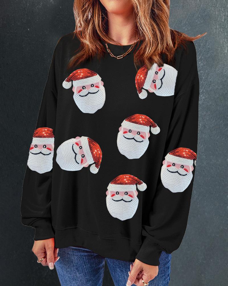 

Christmas Santa Claus Pattern Contrast Sequin Sweatshirt, Black