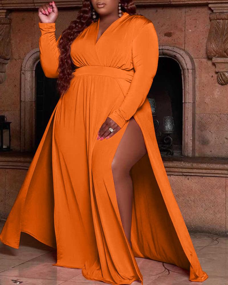 

Plus Size Long Sleeve Split Thigh Maxi Dress, Orange