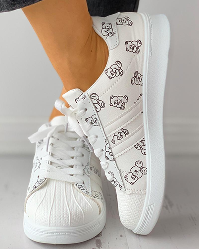 

Cartoon Print Lace-up Skater Shoes, White
