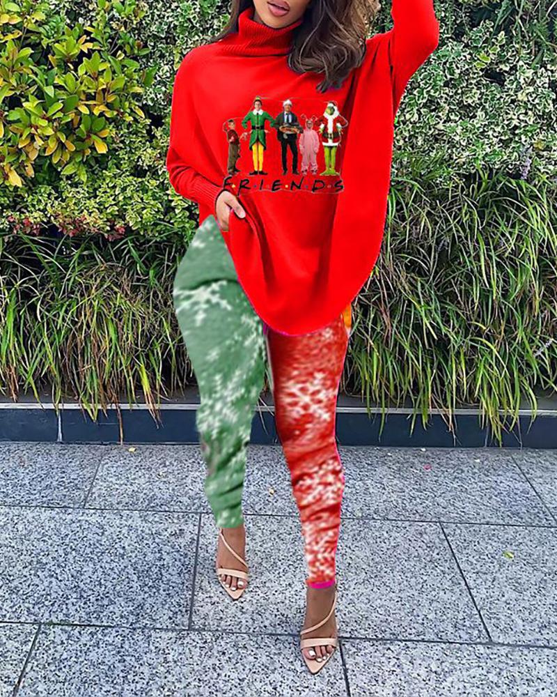 

Christmas Letter Graphic Print Top & Colorblock Pants Set, Red