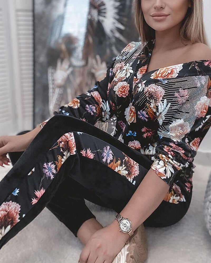 

Floral Print Long Sleeve Top & Drawstring Pants Set, Black