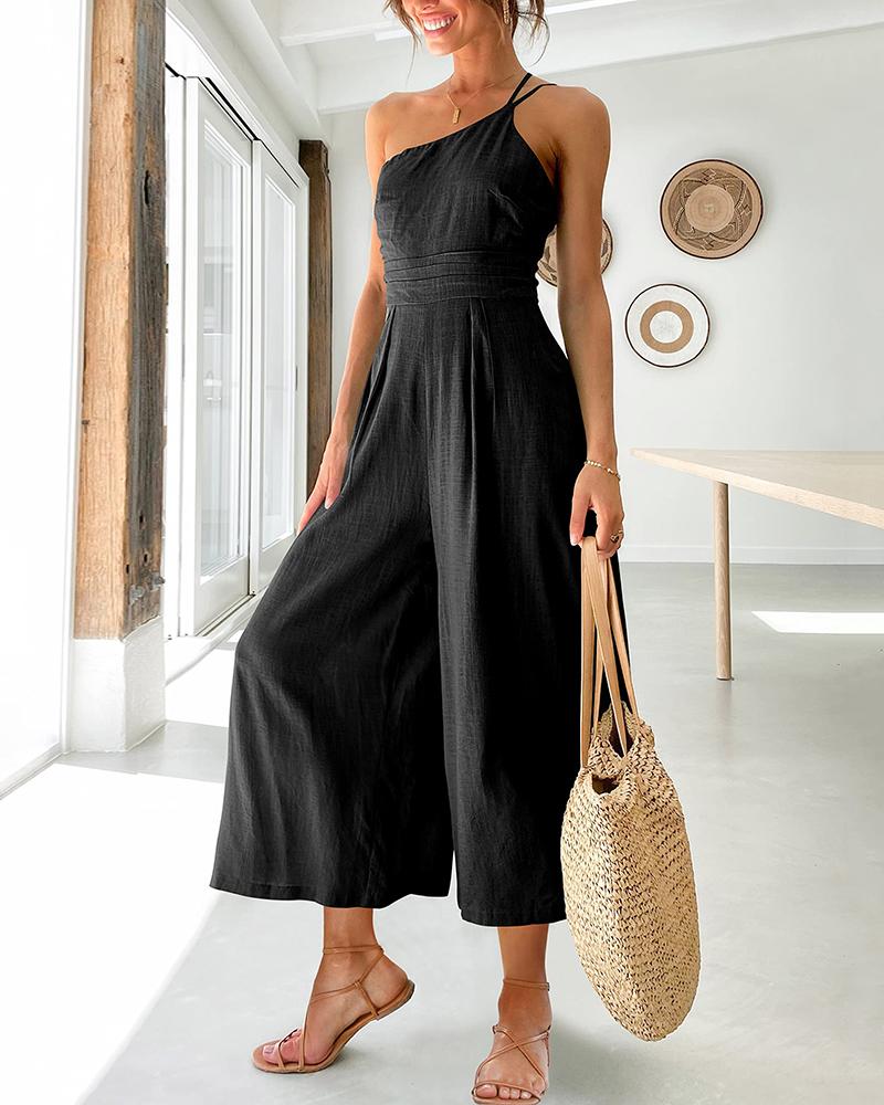 

One Shoulder Double Strap Pleated High Waist Wide Leg Jumpsuit, Black