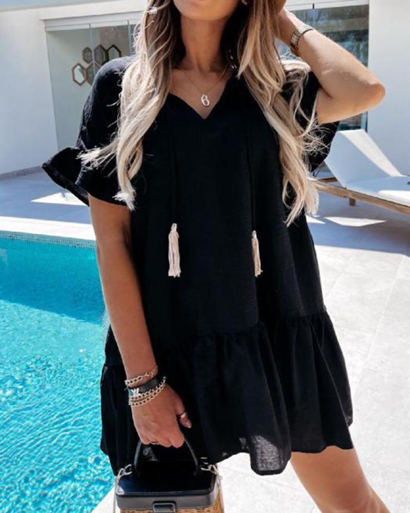 

Solid Color Ruffle Hem Short Sleeve Mini Dress, Black