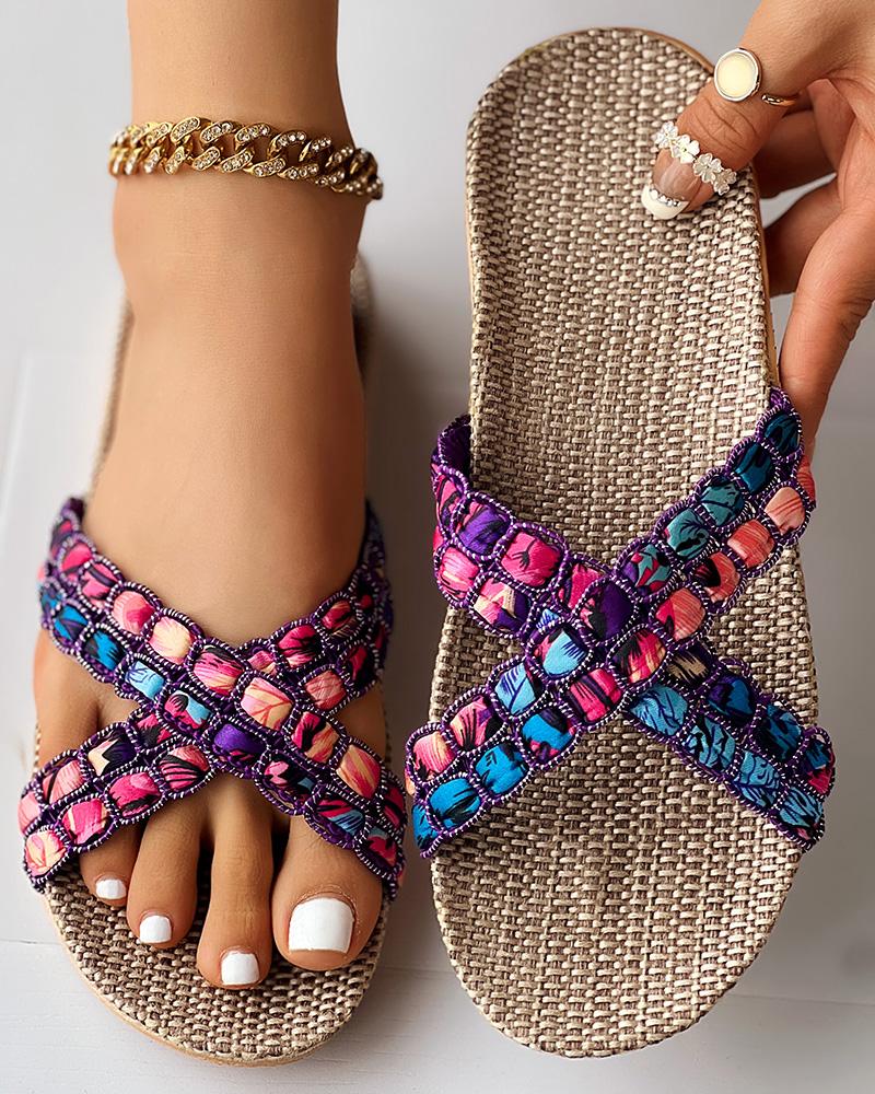 

Geometric Cross Strap Linen Slippers, Purple