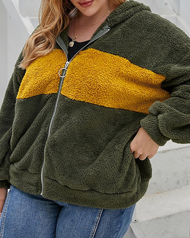 

Plus Size Colorblock Zip Hooded Teddy Top, Green