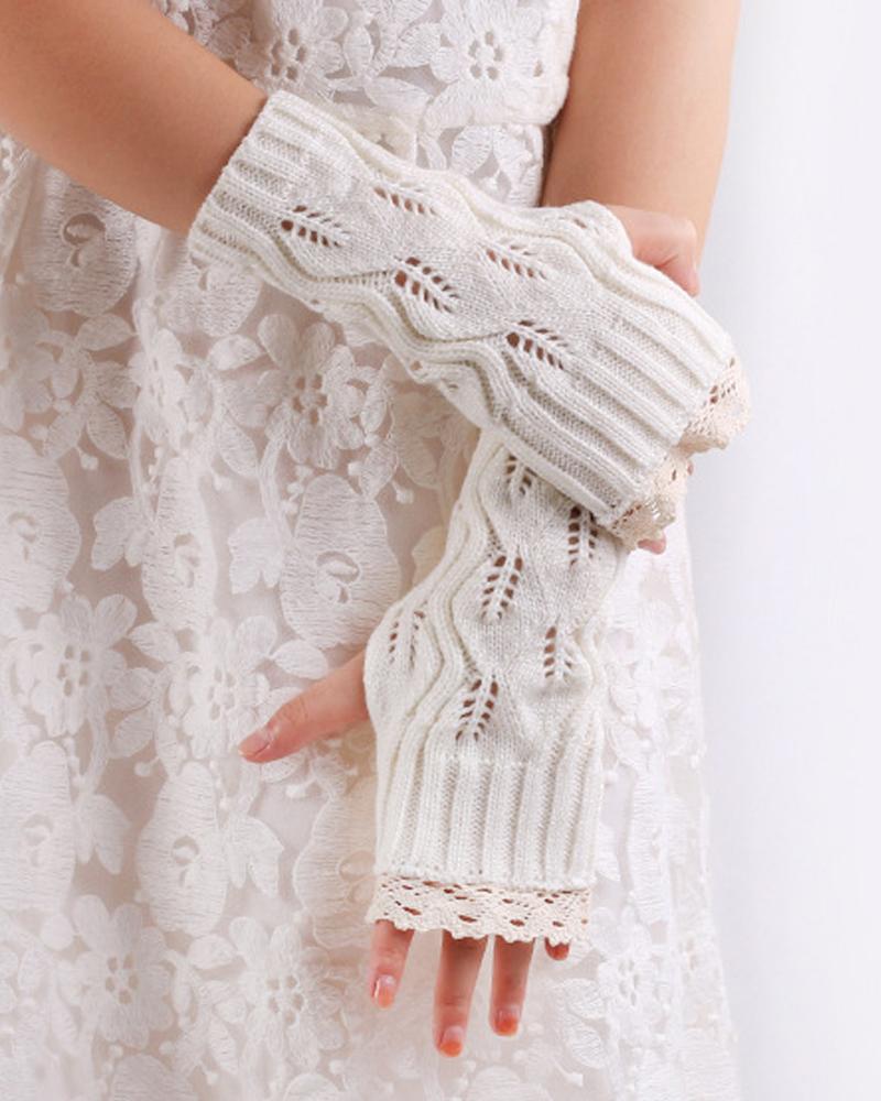 

1Pair Contrast Lace Knit Fingerless Gloves, White