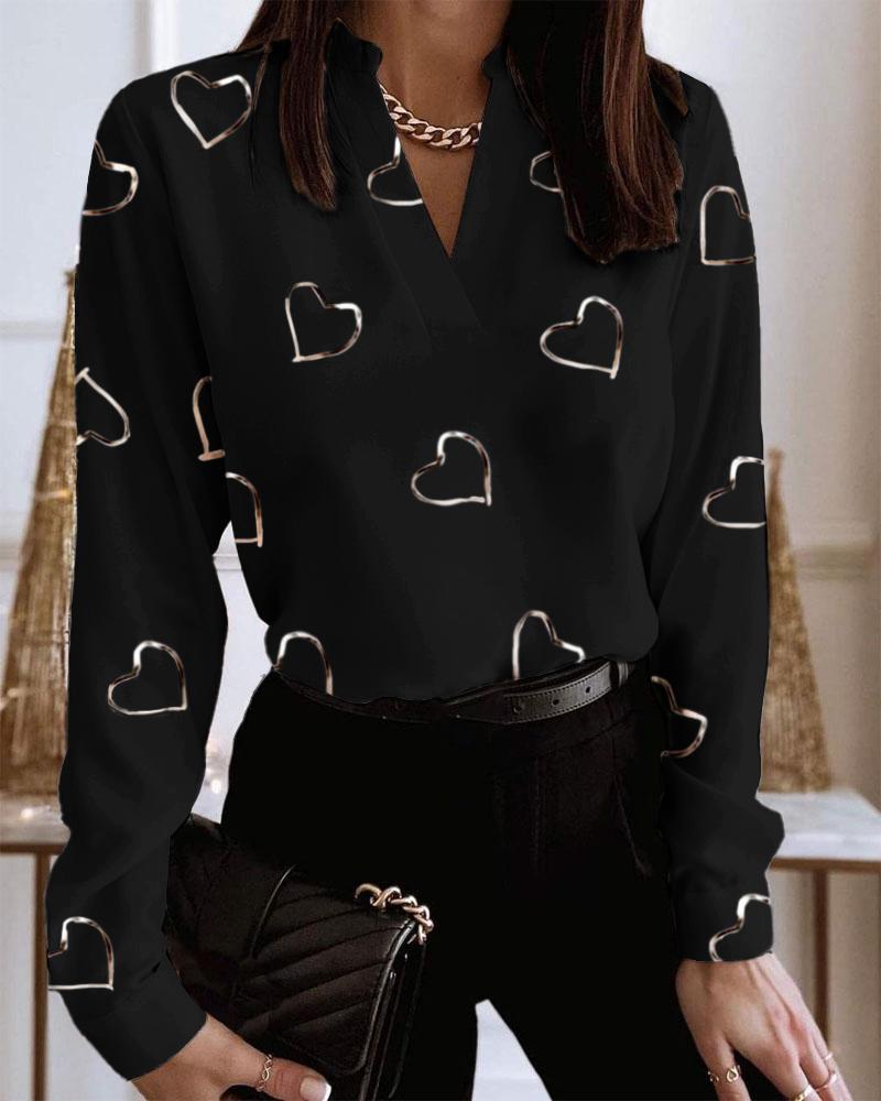 

Heart Print V-Neck Long Sleeve Casual Top, Black