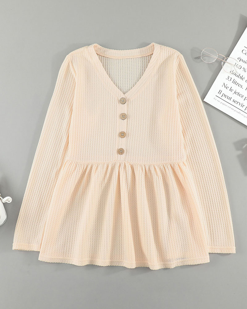 

Long Sleeve Button Front Waffle Knit Peplum Top, Khaki