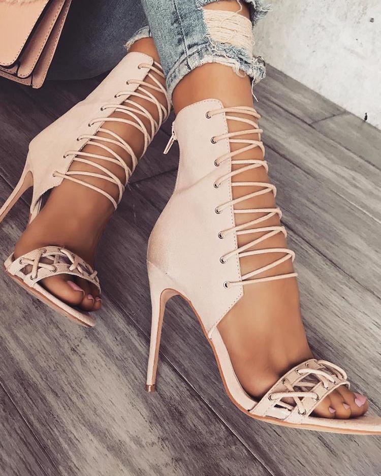 

Lace Up Thin Heels Sandals, Beige