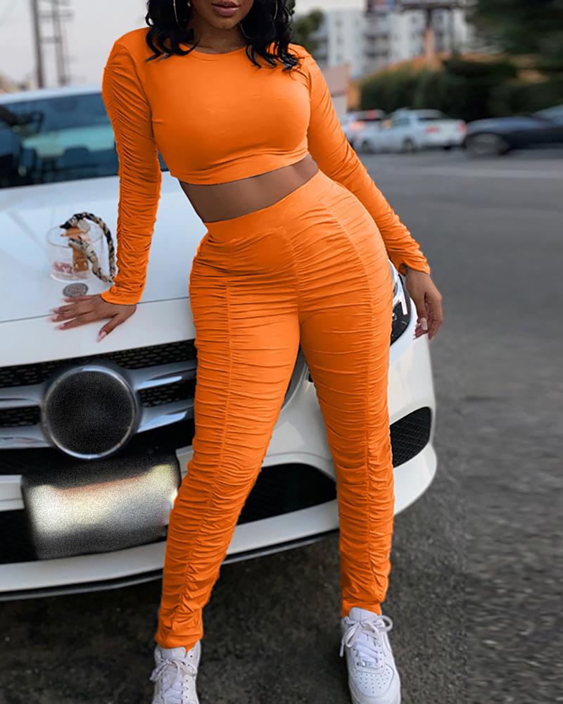 

Plain Round Neck Long Sleeve Top & Pants Set, Orange