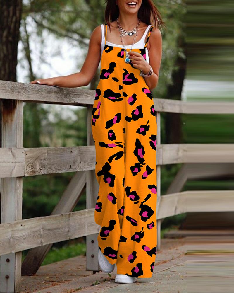 

Leopard Print Wide Leg Spaghetti Strap Jumpsuit, Orange