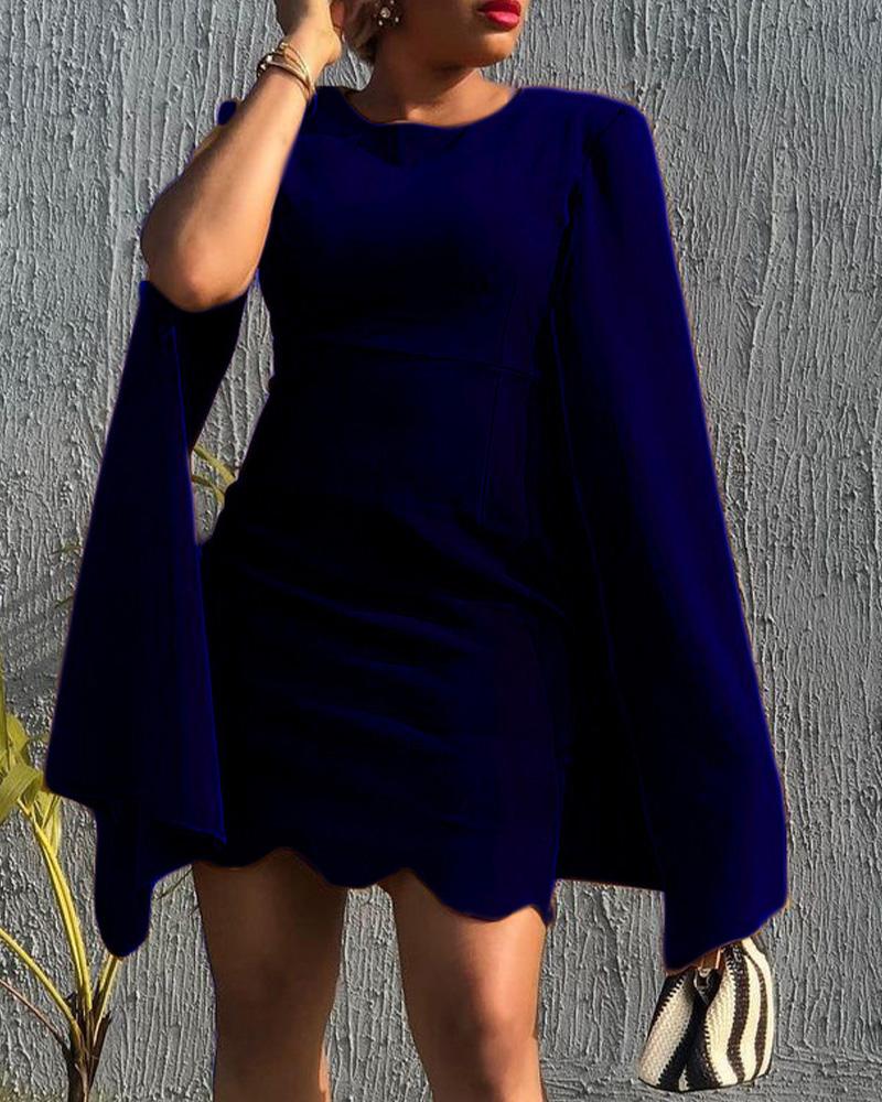 

Cloak Sleeve Scallop Trim Party Dress, Dark blue