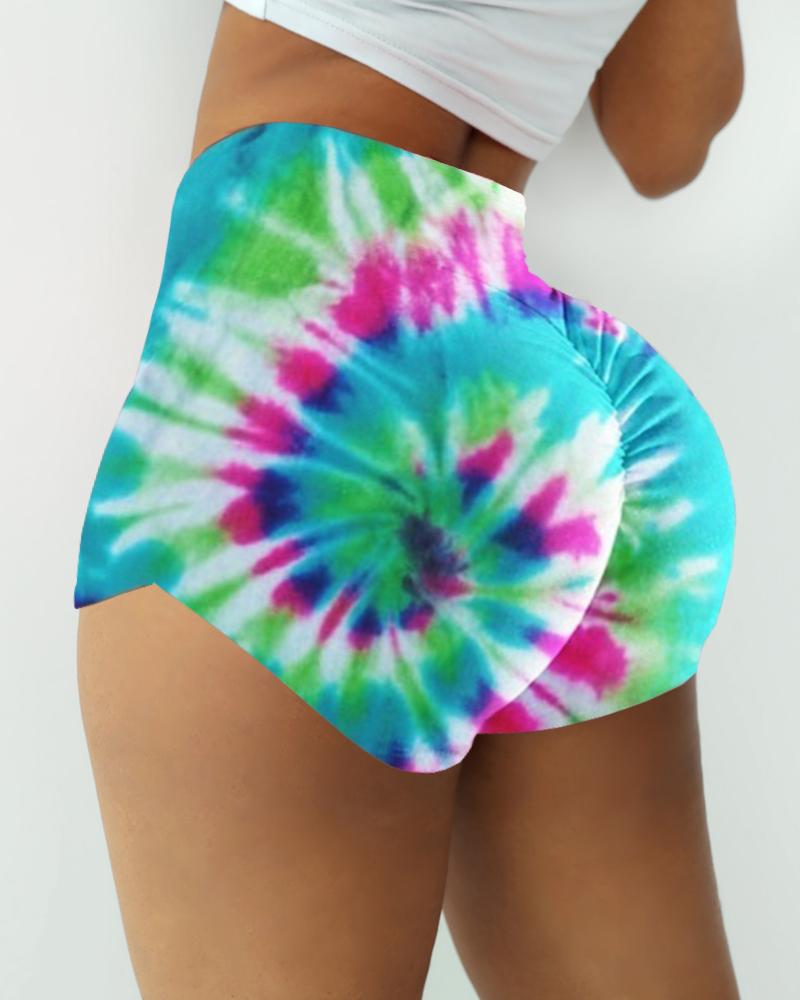 Buy High Waist Tie Dye Print Ruched Sporty Shorts. Picture