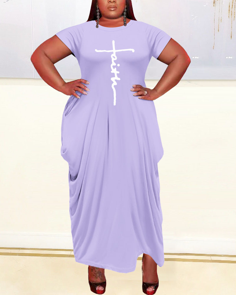 

Plus Size Letter Print Long Sleeve Maxi Dress, Light purple