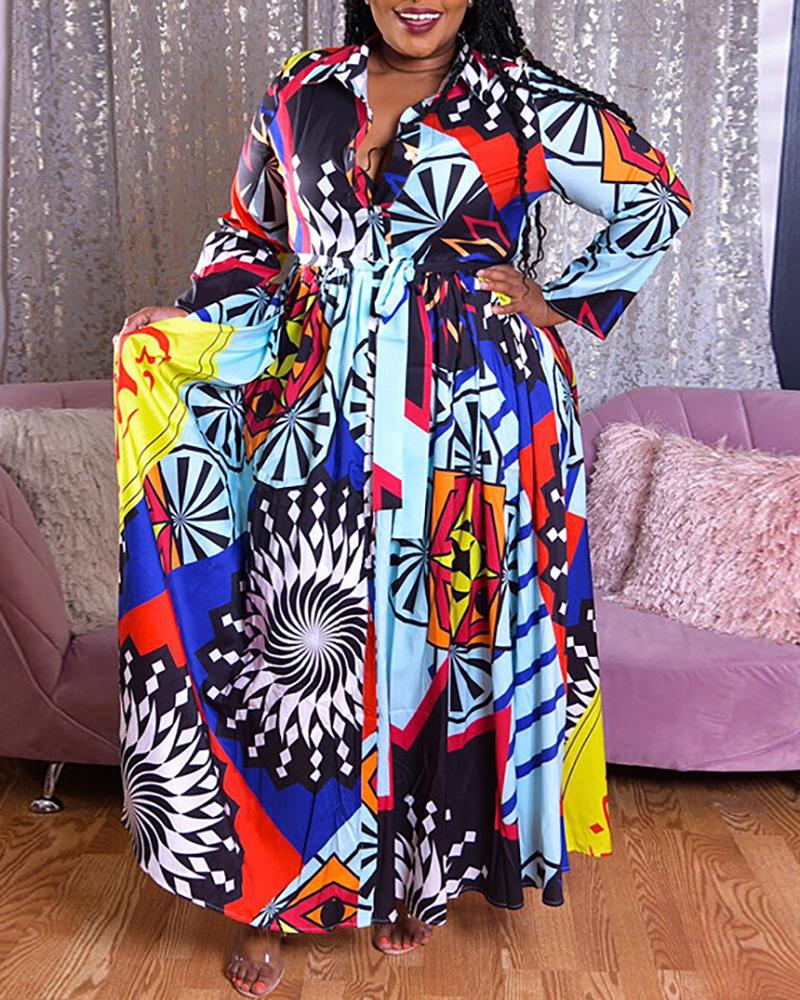 

Print Long Sleeve Casual Dress, Blue