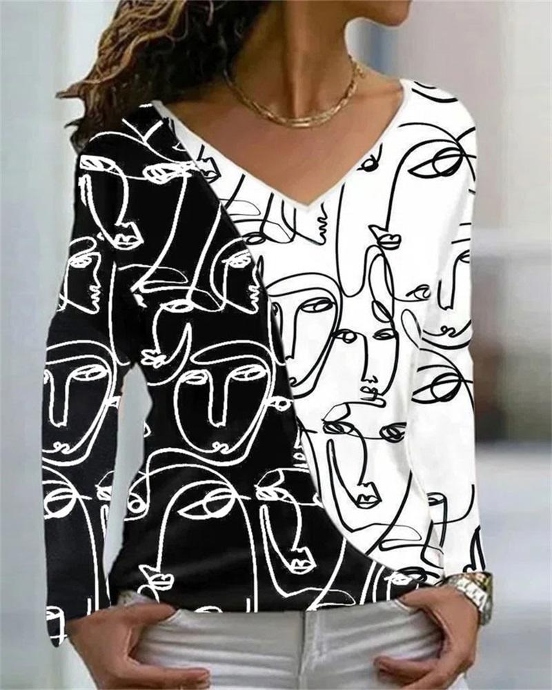 

Abstract Figure Print Colorblock Long Sleeve Top, Black
